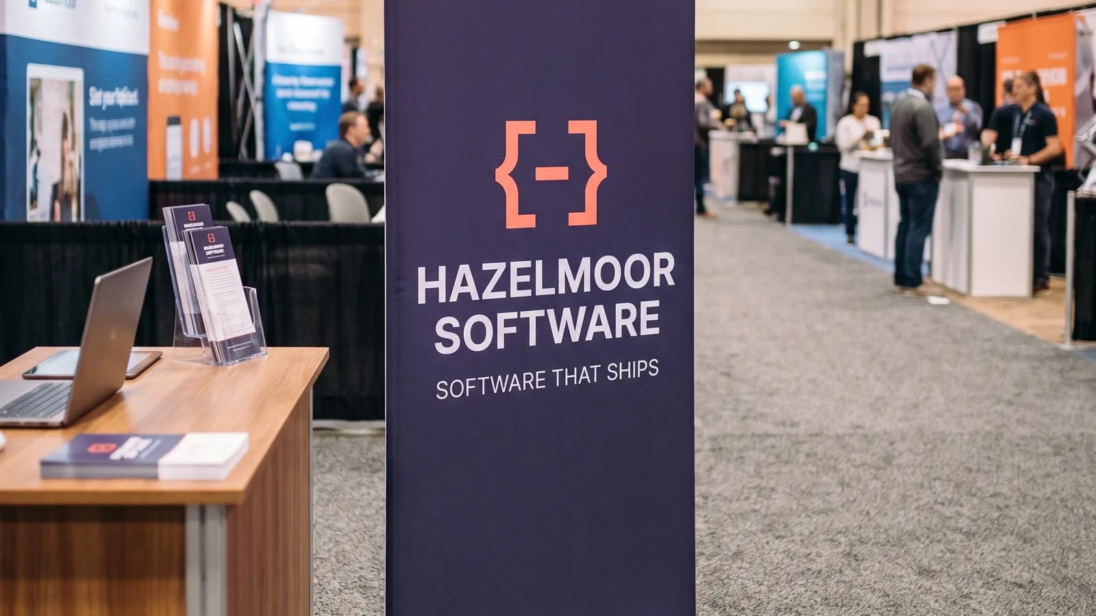 A navy tension-fabric stand with a software headline, standing in a convention aisle