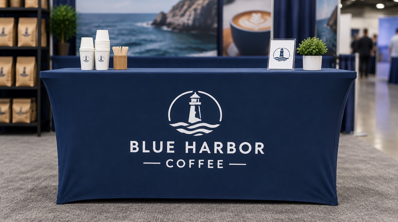 A navy stretch table cover with a white lighthouse logo at a fictional coffee company's booth