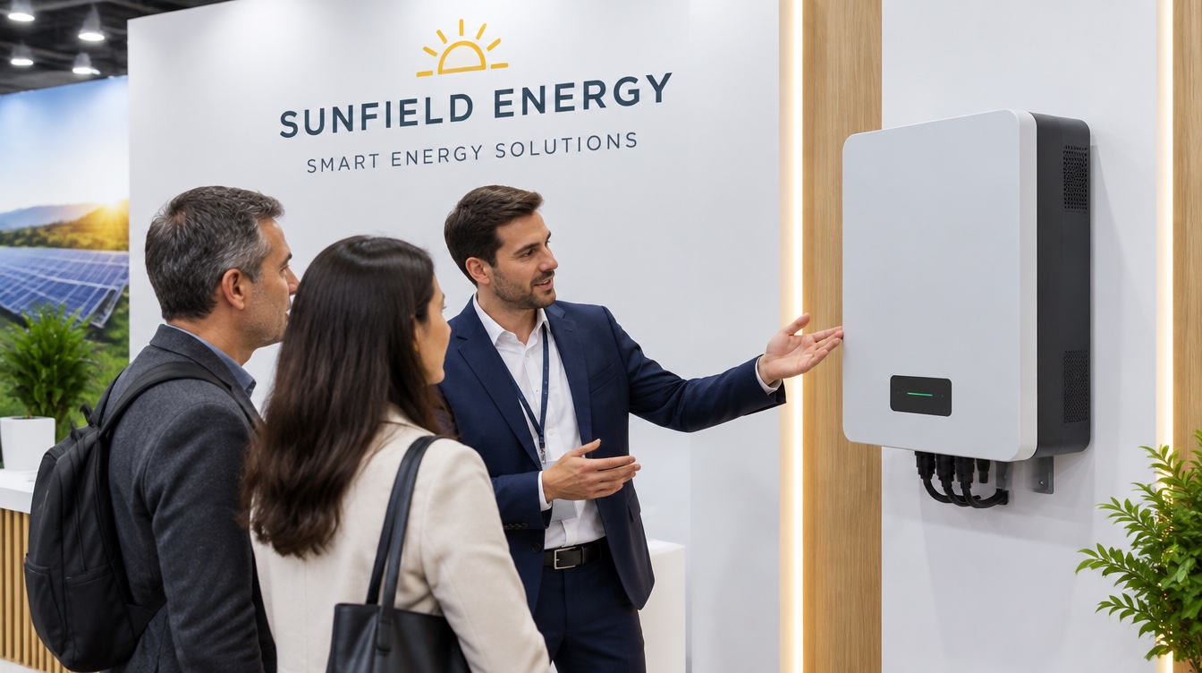 A booth rep showing two visitors a wall-mounted home battery under a clean branded backdrop