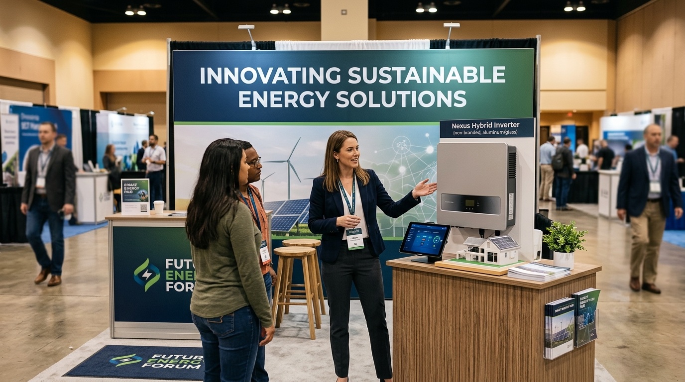 Clean professional trade show booth with a single bold headline on the backdrop illustrating best-practice design