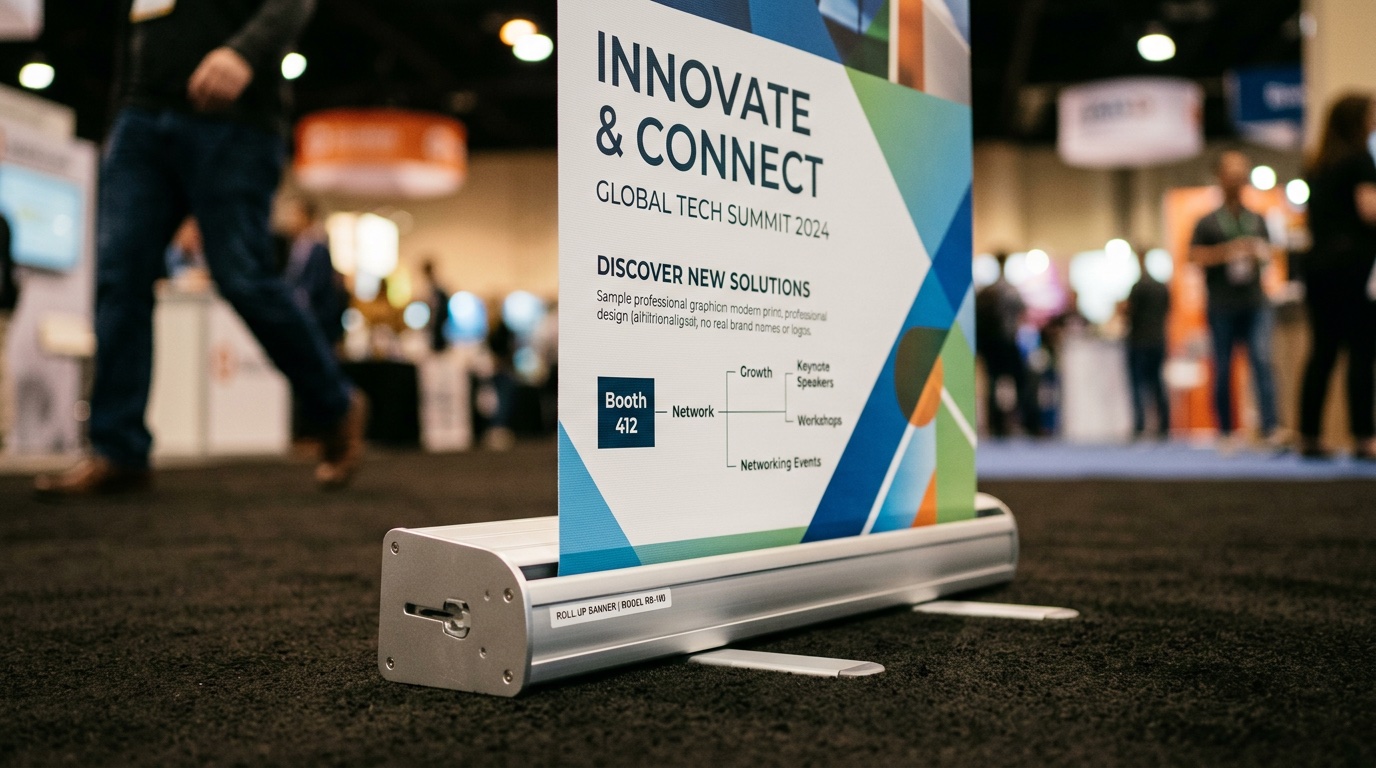 Close-up of a retractable roll-up banner stand at a trade show with crisp printed graphic and aluminum base