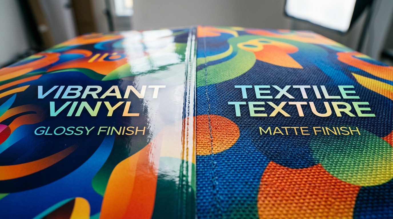 Extreme close-up texture comparison of glossy vinyl banner and matte woven fabric banner side by side