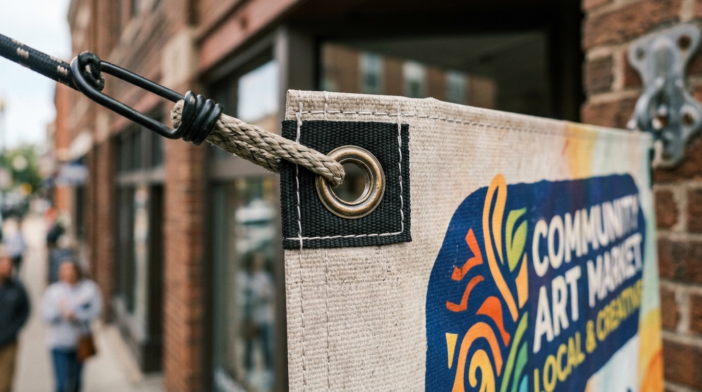 Close-up of a reinforced grommet and stitched hem on a vinyl banner