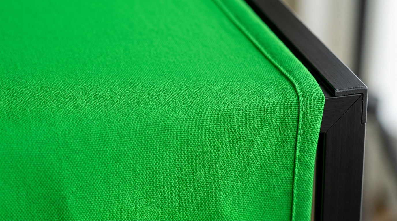 Close-up of the dye-sublimation printed polyester fabric texture of a chromakey green screen backdrop