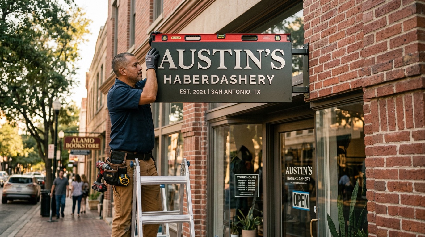 Installer mounting a professionally finished dimensional storefront sign on a brick San Antonio building exterior
