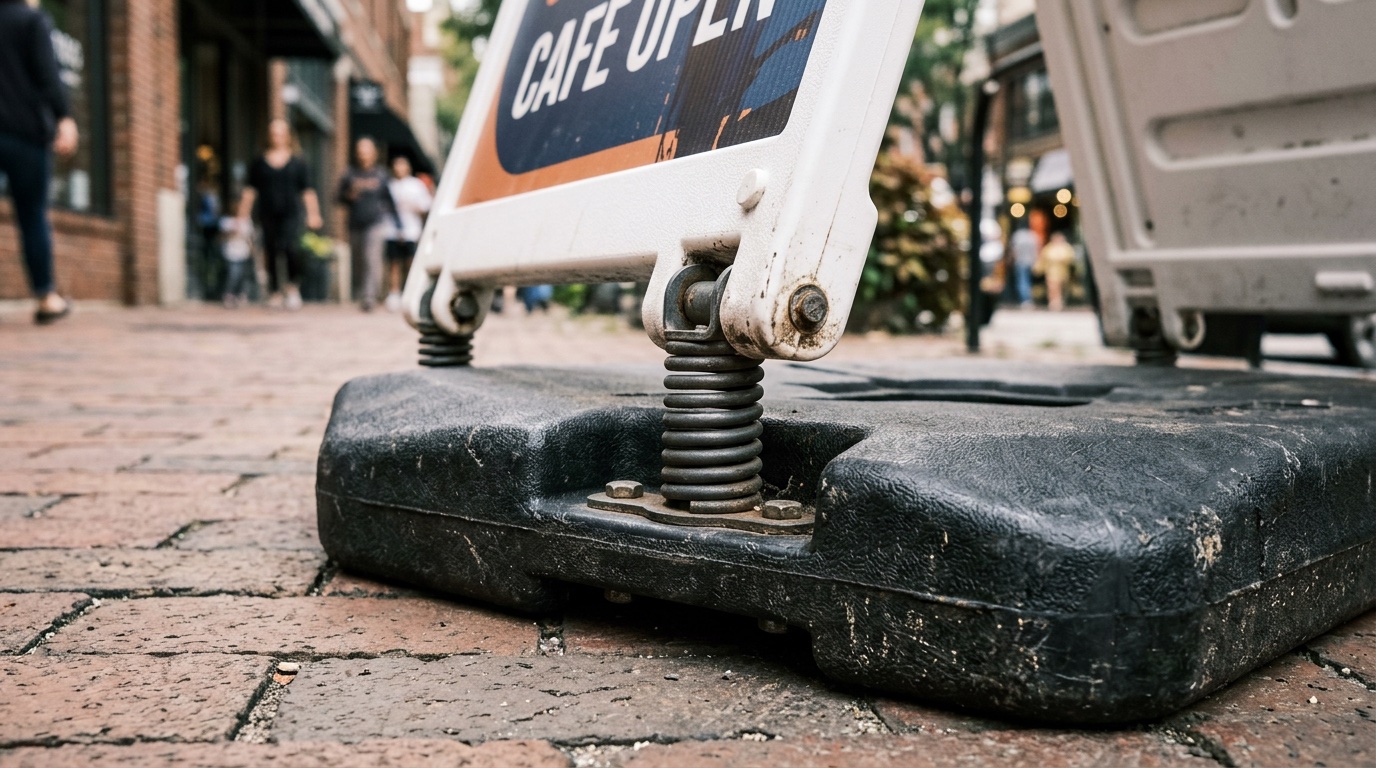 Close-up of the heavy-duty spring base mechanism on a Signicade A-frame sidewalk sign