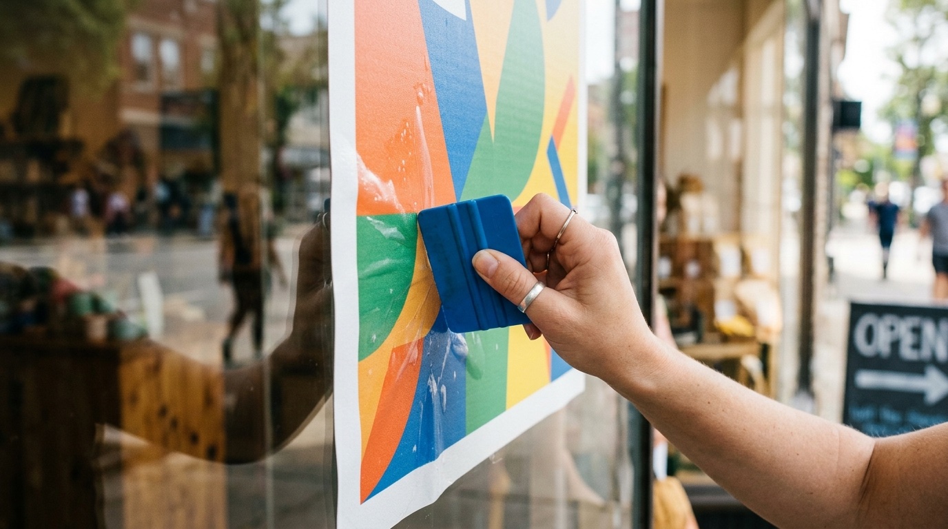 Close-up of a hand squeegeeing a window cling onto a storefront glass surface