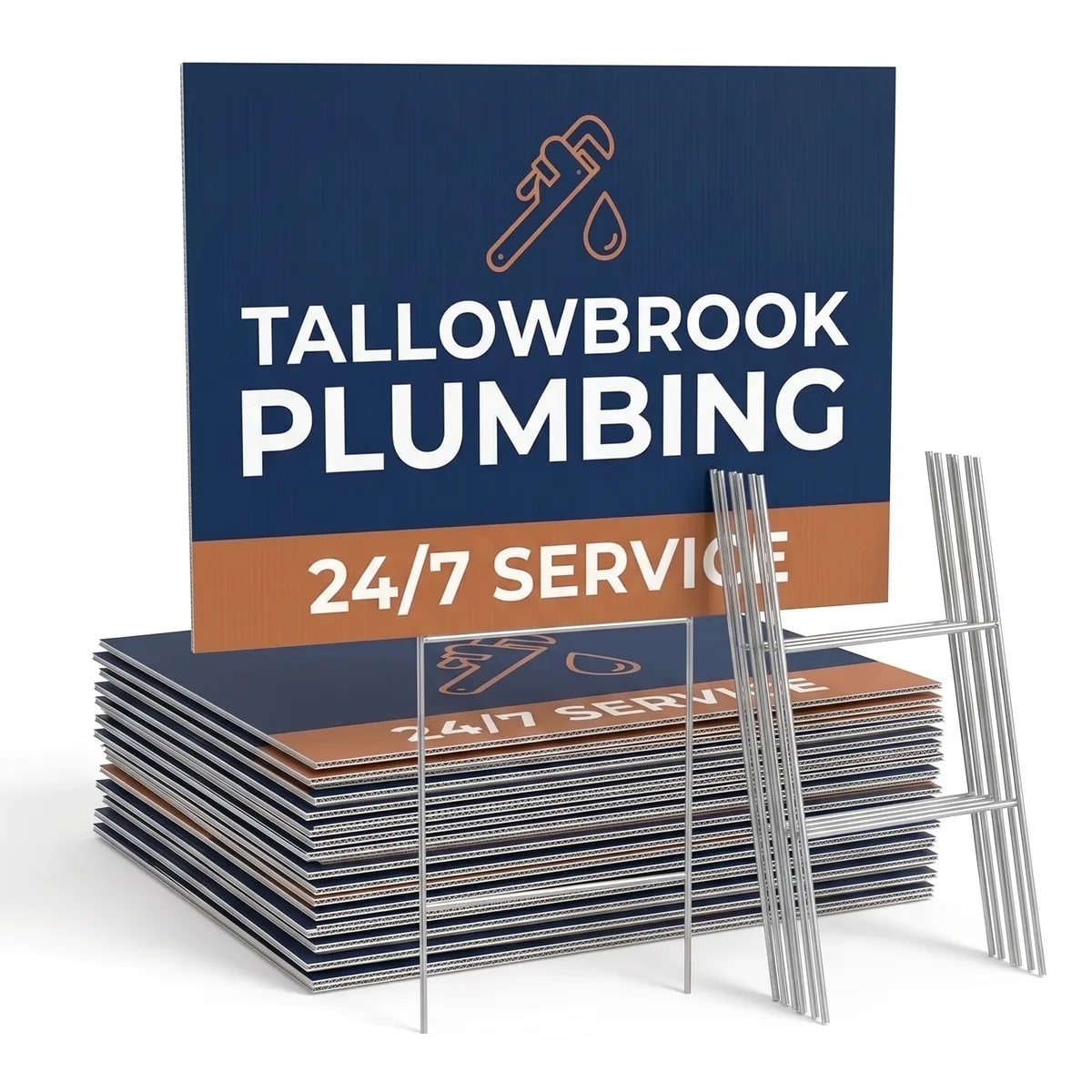 Stack of printed coroplast yard signs with a bundle of wire H-stakes, the way a sign and stake pack ships
