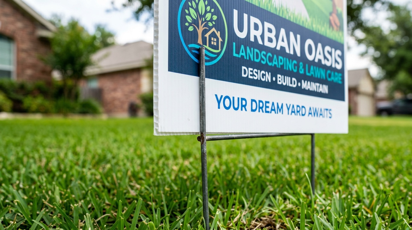 Close-up of a corrugated coroplast yard sign on a wire H-stake showing crisp commercial print quality