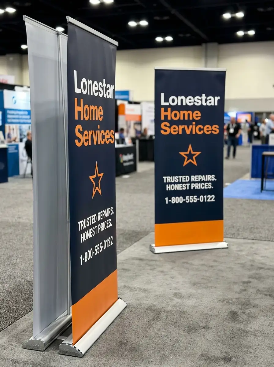 Printed retractable banner stands displayed at a professional event