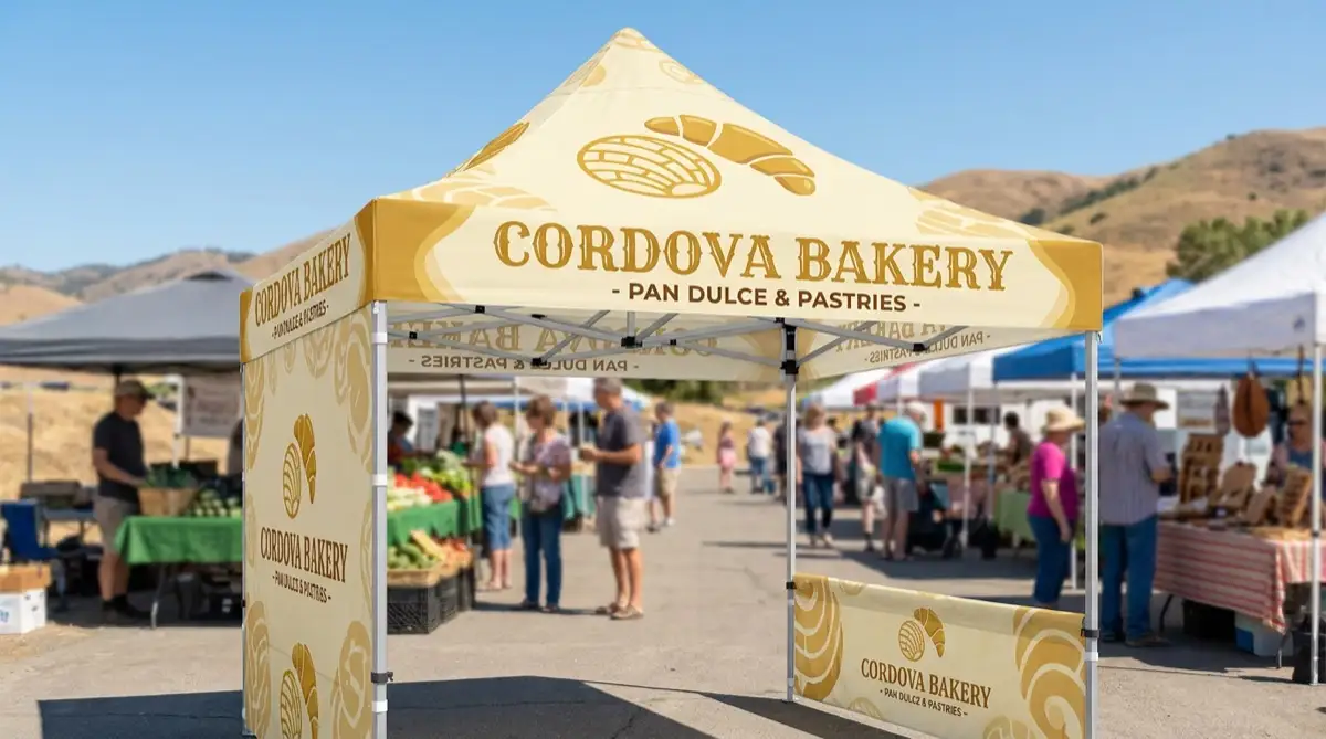 Custom printed canopy tent branded for an outdoor business event