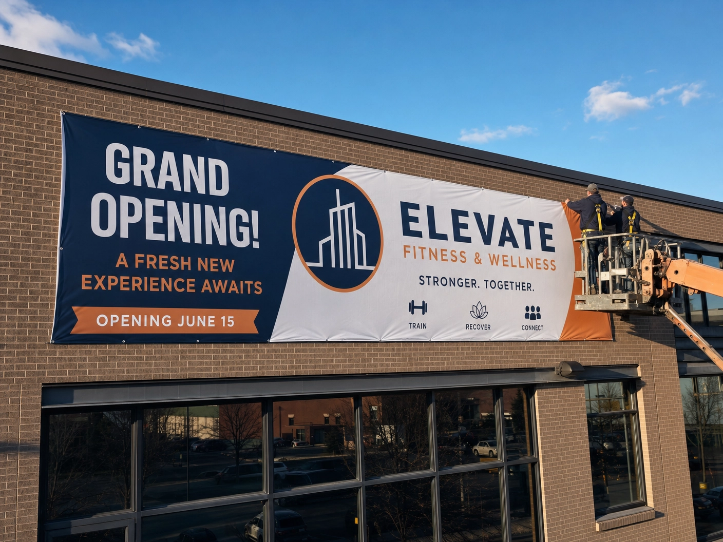 Large exterior banner announcing a grand opening on a commercial building
