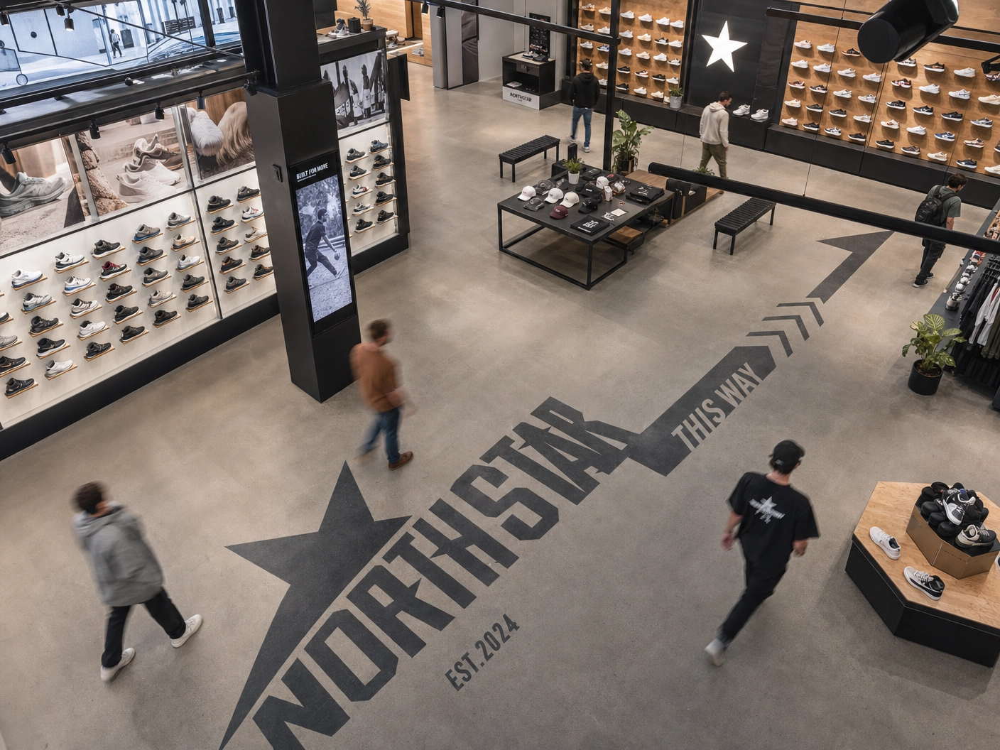 Branded floor graphics guiding customers through a retail store