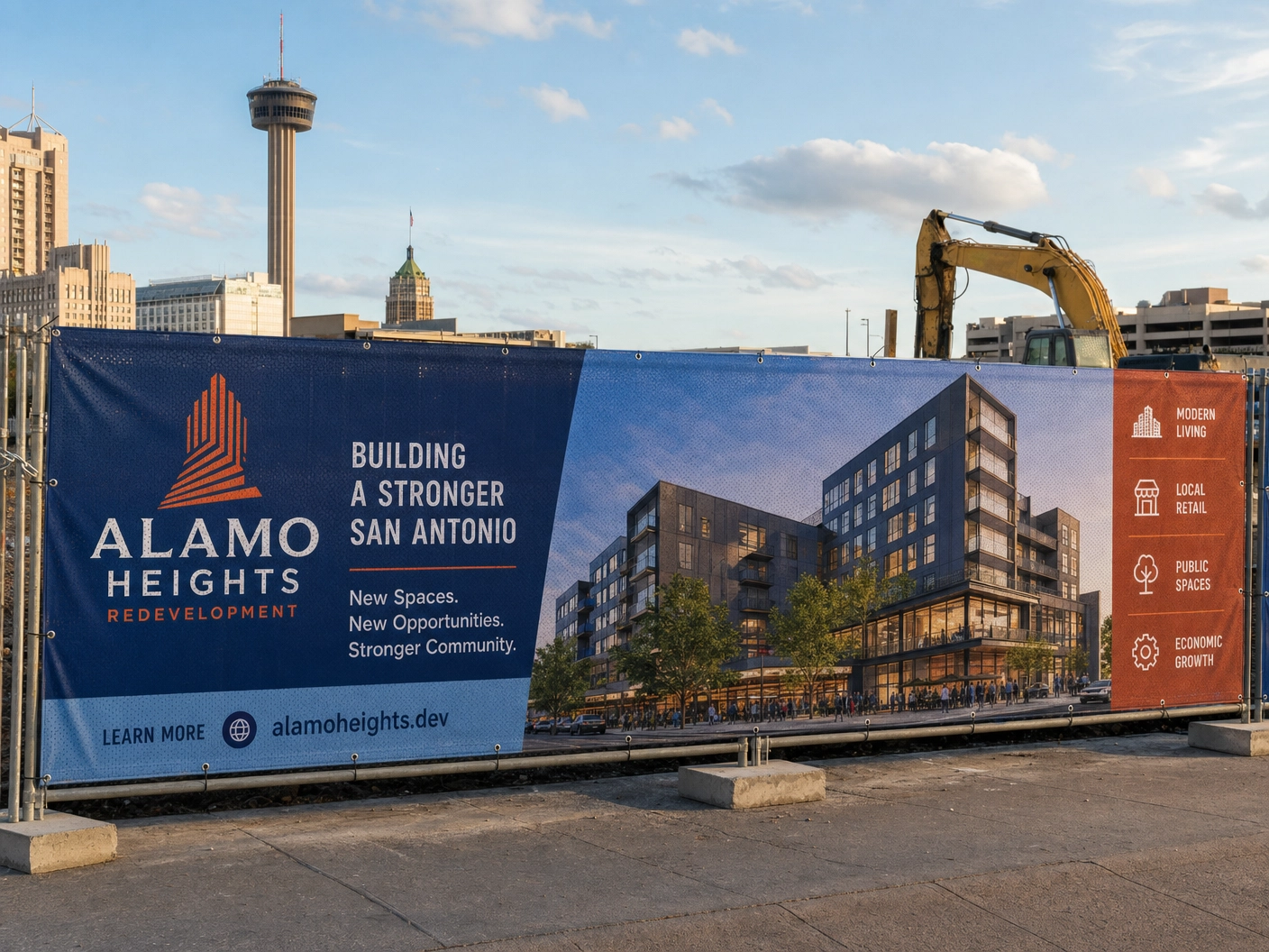 Branded mesh banner installed on construction site fencing