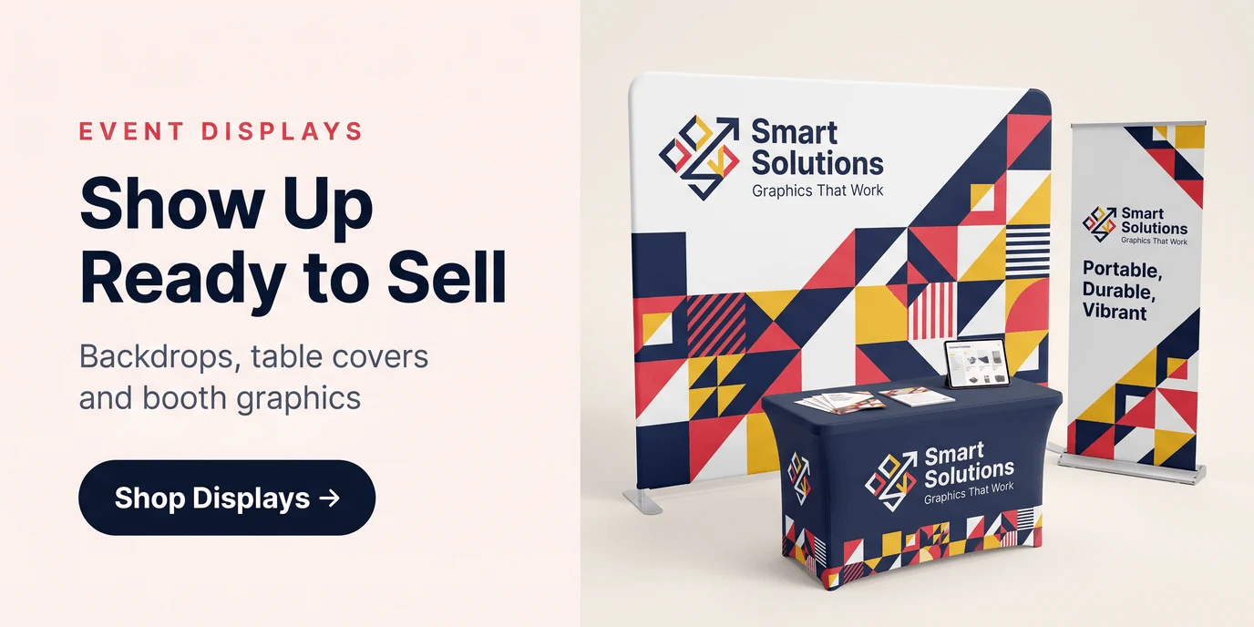 Coordinated branded event displays including tent, flags, and banner stands