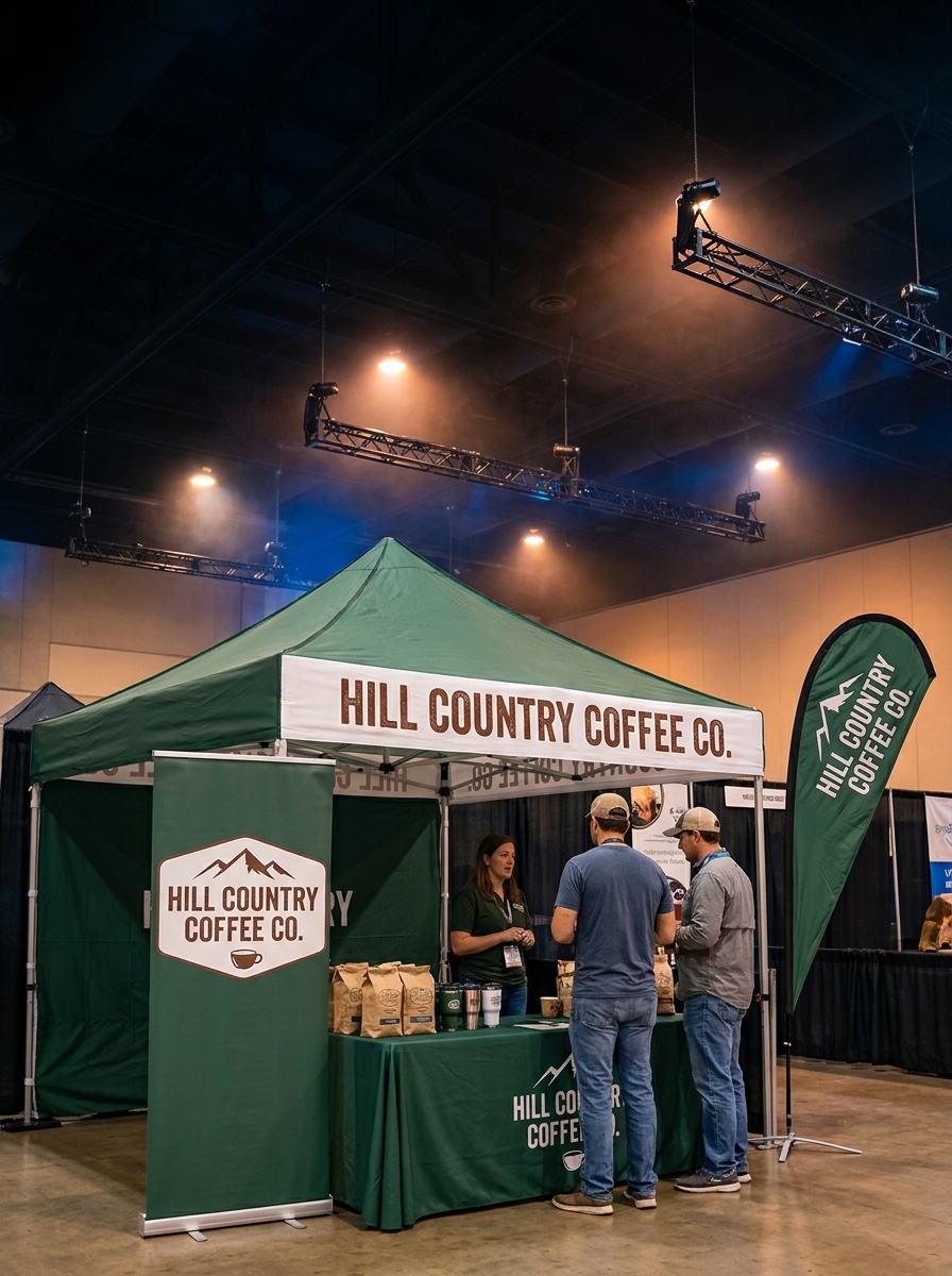 Branded canopy, table covers, and banner stands on a busy convention floor