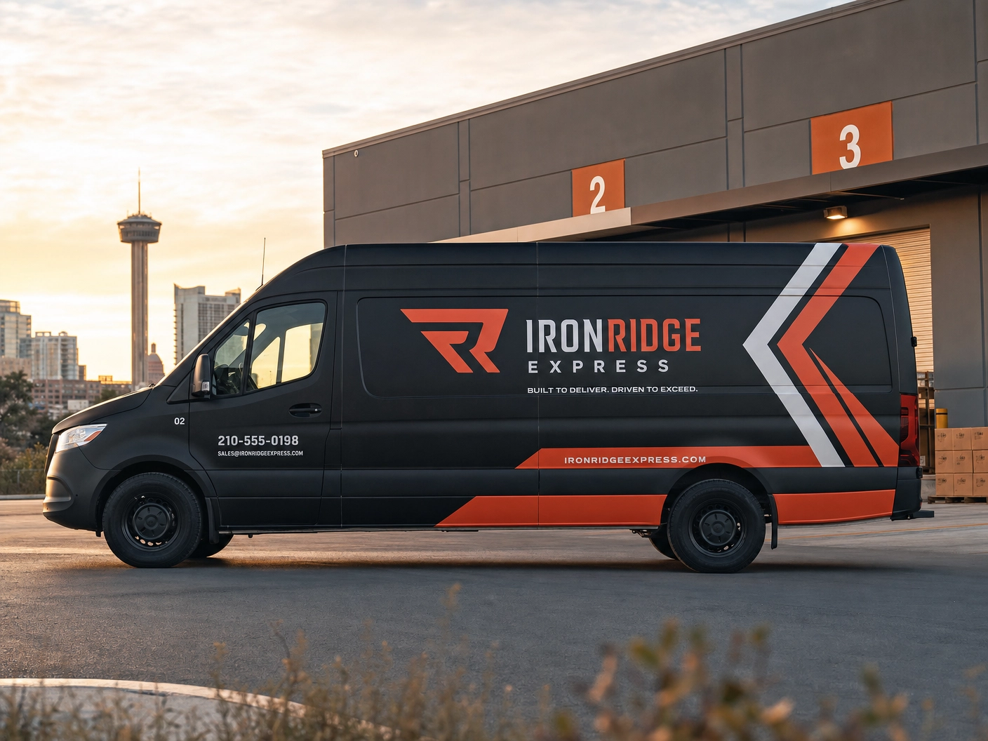 Branded commercial fleet van with company graphics parked in San Antonio