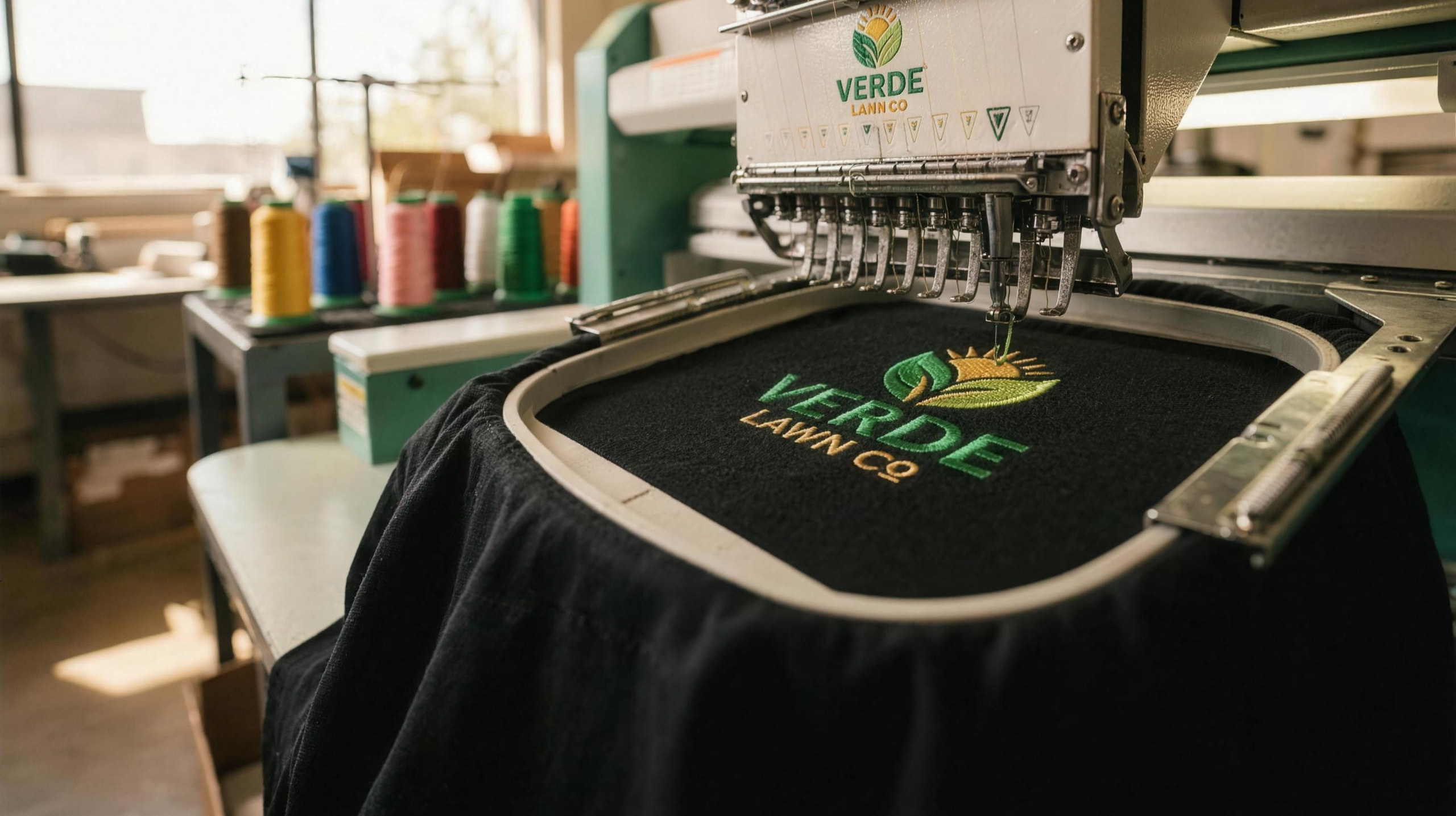 Embroidered logo stitched on a branded polo shirt beside caps and a work jacket
