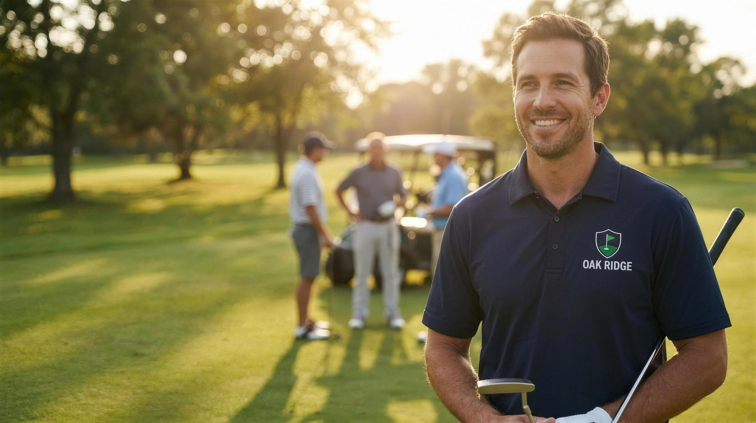 Smiling man in a true navy performance polo with an embroidered club crest at a golden hour golf outing
