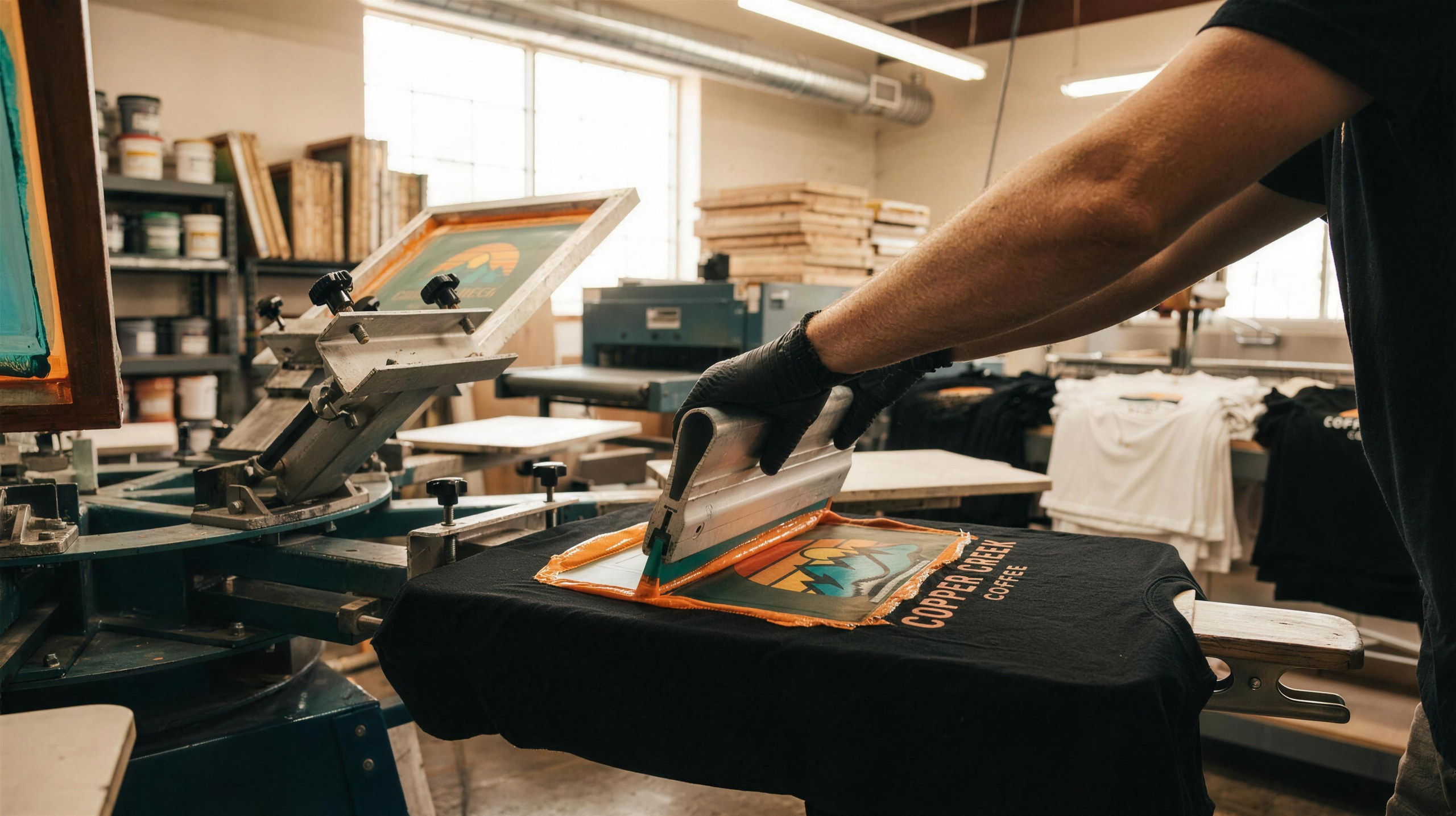 Screen printed branded t-shirts stacked in a San Antonio print shop