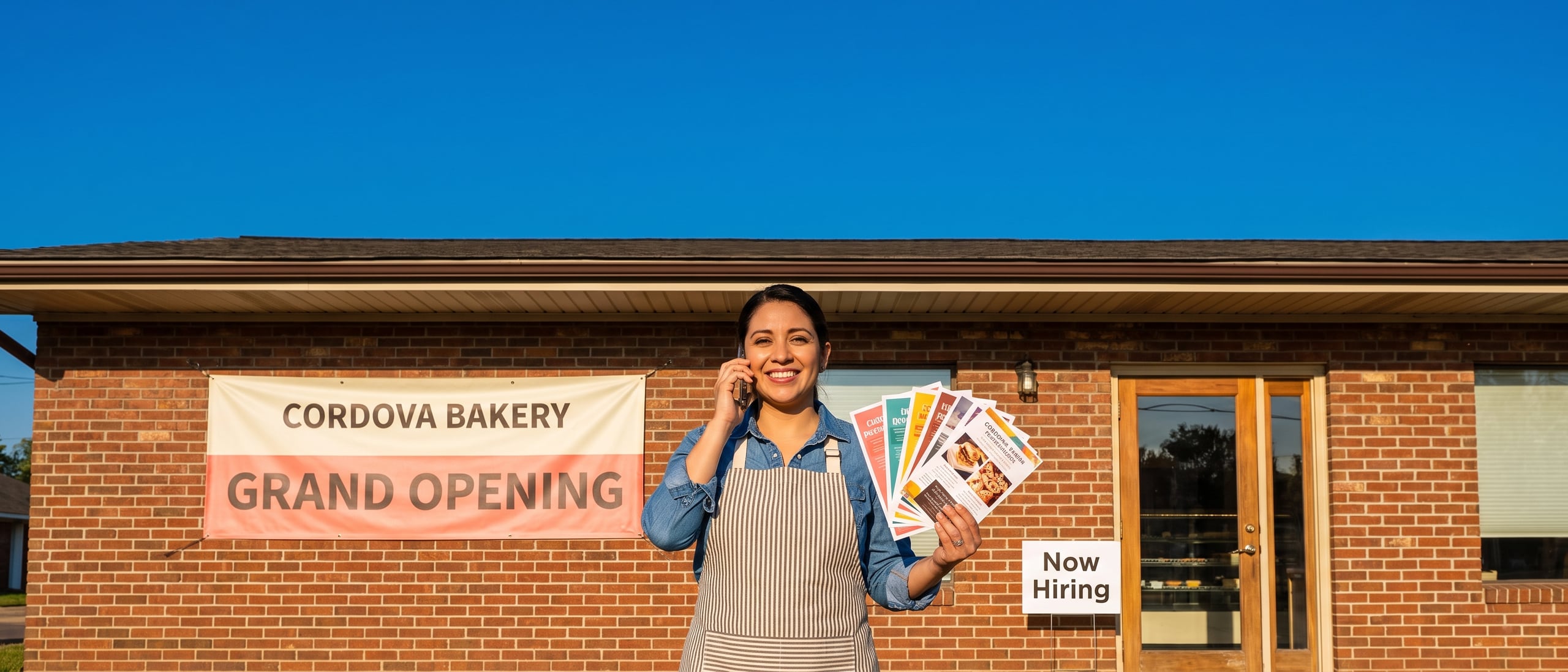 A bakery owner on the phone outside her storefront holding freshly printed flyers, with a grand opening banner and a Now Hiring yard sign behind her