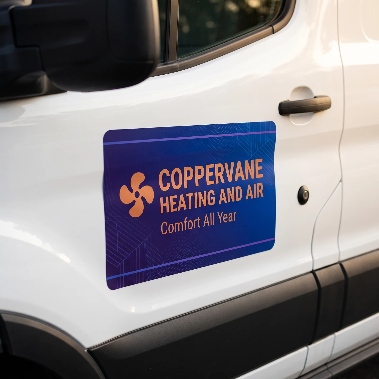 Full color Coppervane Heating and Air car door magnet holding flat on the white front door of a service van