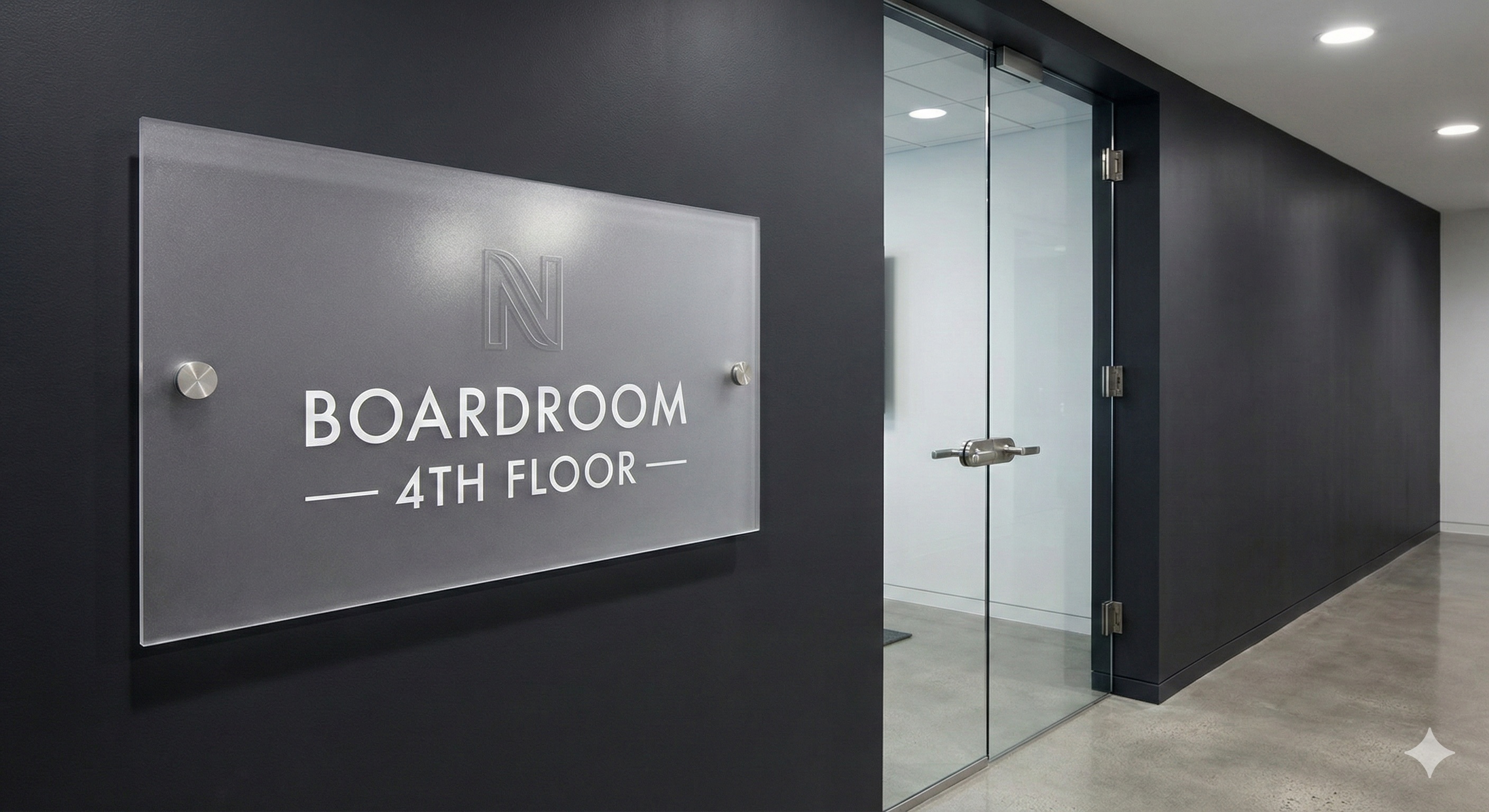 Room identification sign mounted beside an office door at ADA height