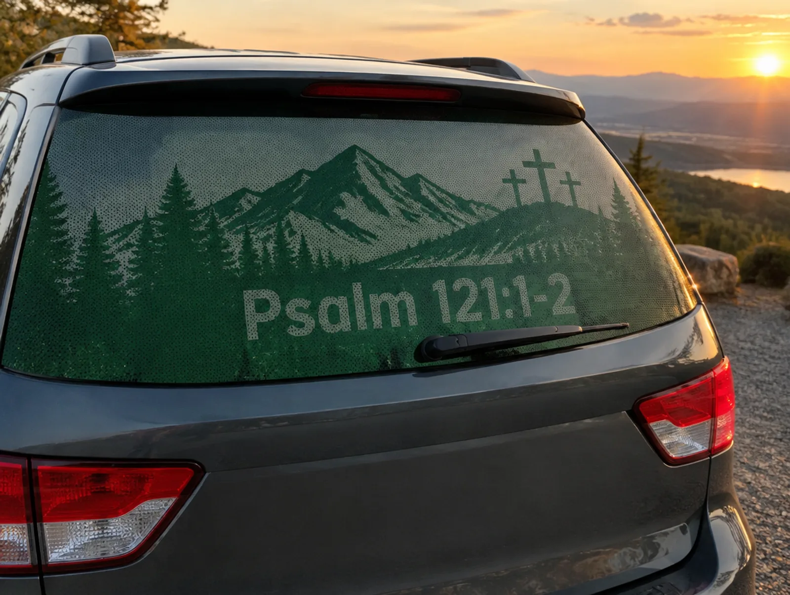 See-through perforated window graphic on the rear glass of a vehicle, printed full color on the outside and clear from inside
