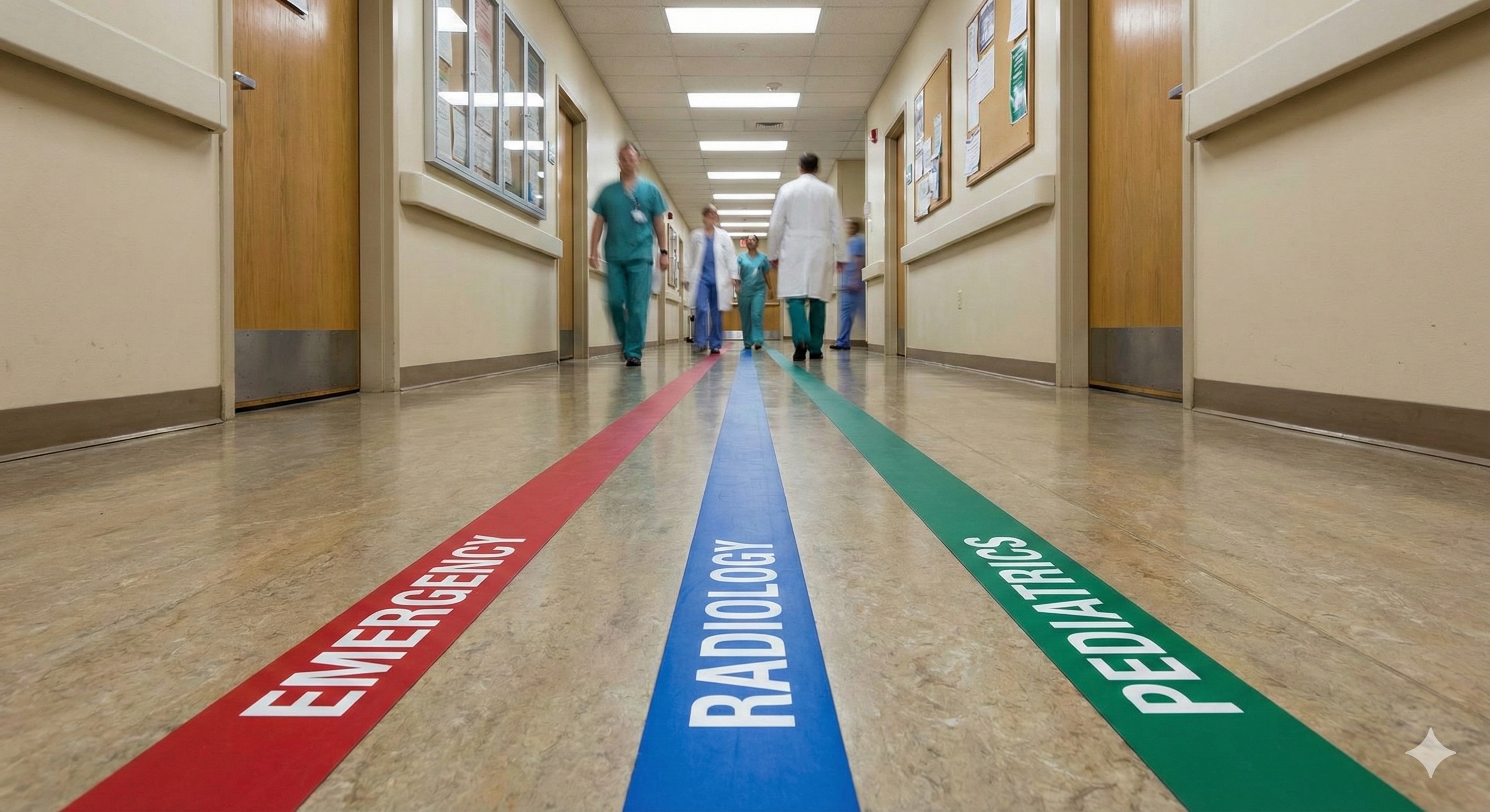 Directional floor graphics guiding patients through a hospital corridor