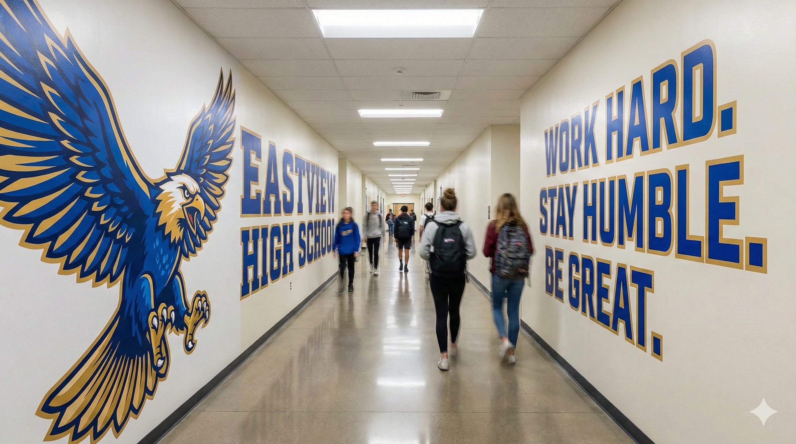 Motivational wall graphics installed in a school hallway