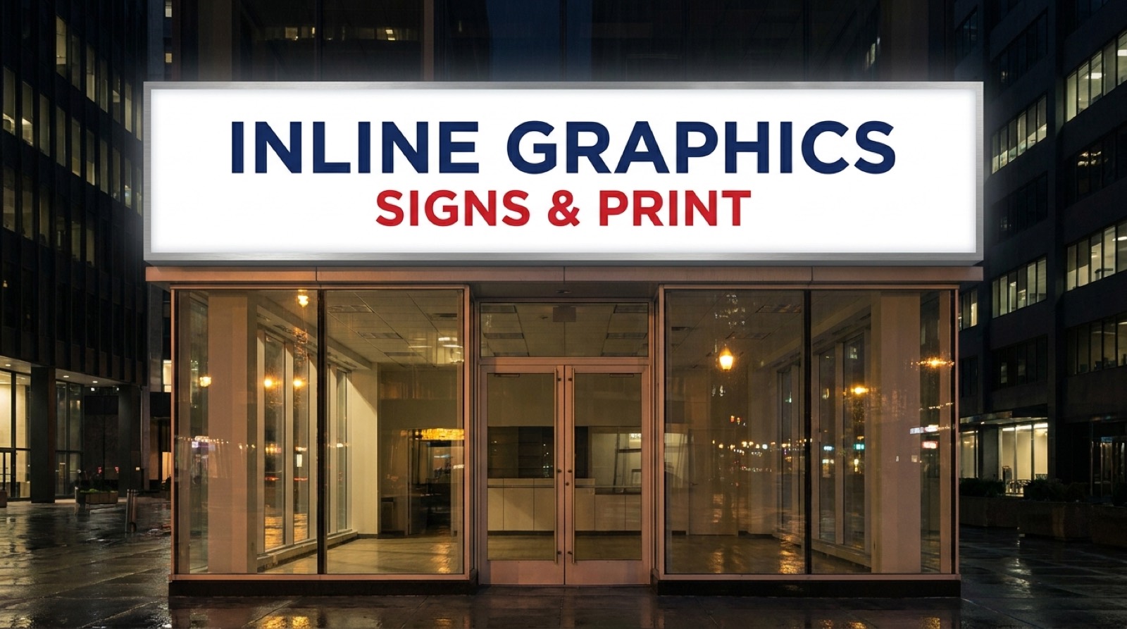 Illuminated cabinet signage identifying a San Antonio commercial property
