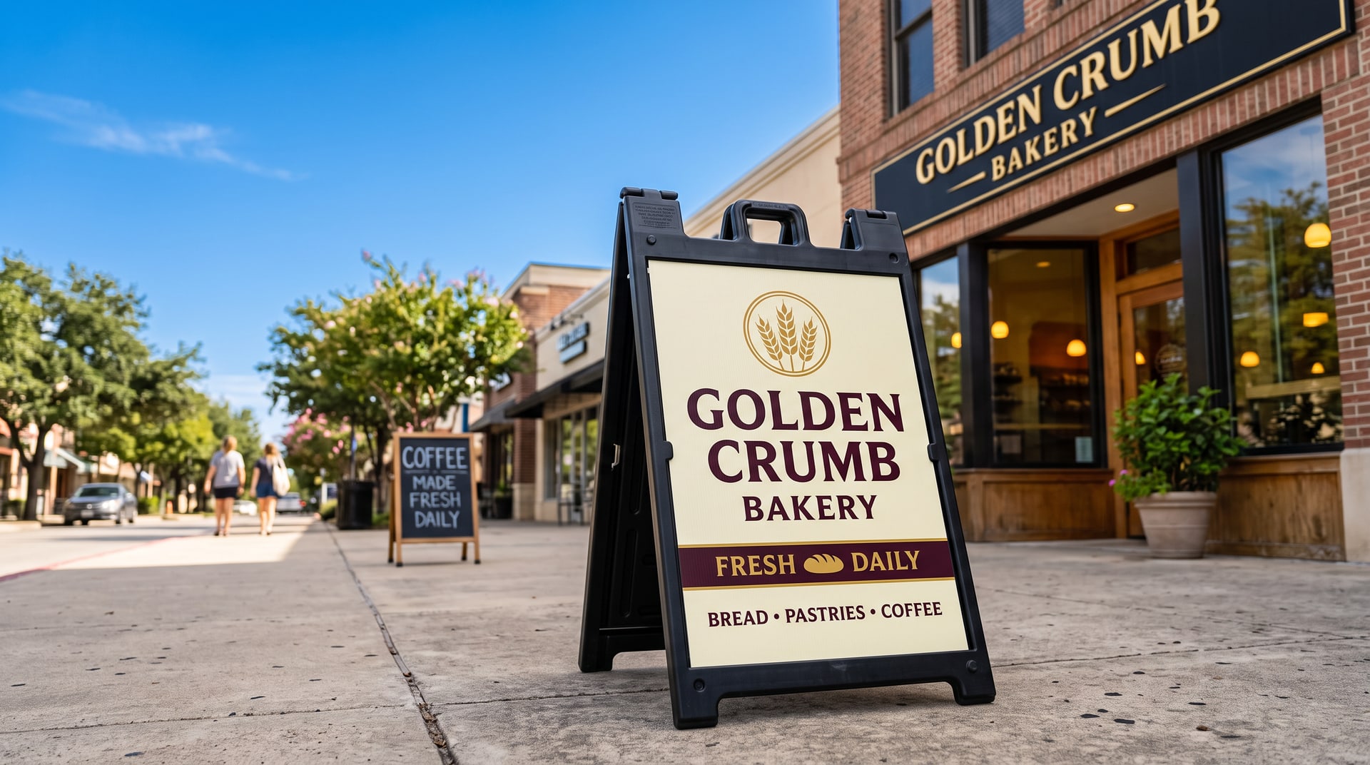 Weighted black plastic A-frame sidewalk sign with a printed Golden Crumb Bakery insert standing outside the bakery's storefront, with a smaller chalkboard coffee sign farther down the sidewalk