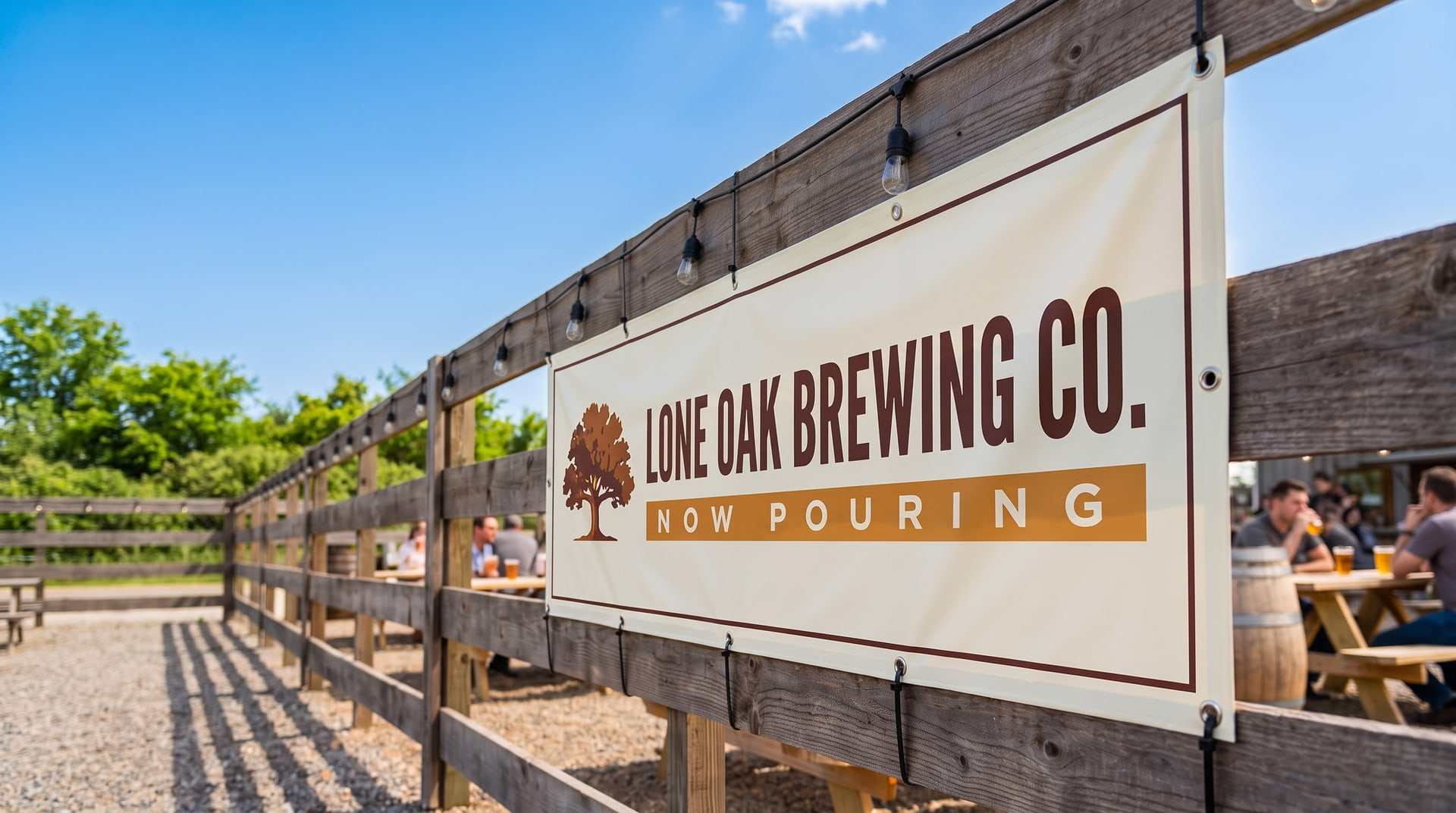 Large hemmed and grommeted vinyl banner for the fictional Lone Oak Brewing Co. stretched across a brick storefront