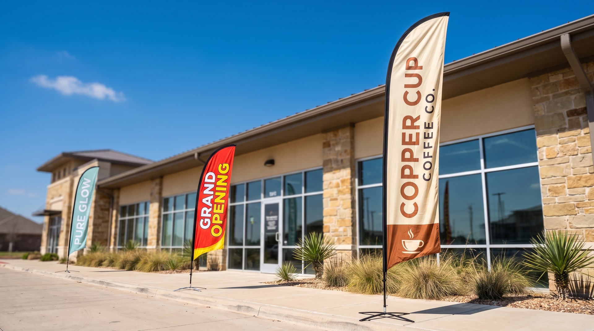 Three different printed feather flags outside a sunny Texas storefront: a Copper Cup Coffee Co. blade flag up front on a cross base, with a Grand Opening teardrop flag and a Pure Glow med spa flag farther back