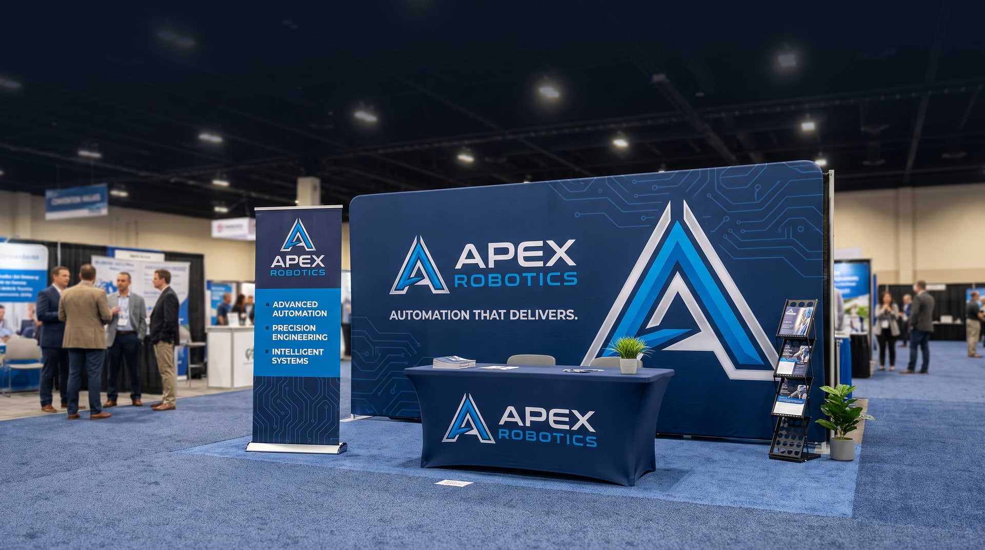 Complete branded 10x10 trade show booth for the fictional Apex Robotics at a convention: tension fabric backwall, fitted stretch table cover, retractable banner stand and literature rack on blue show carpet