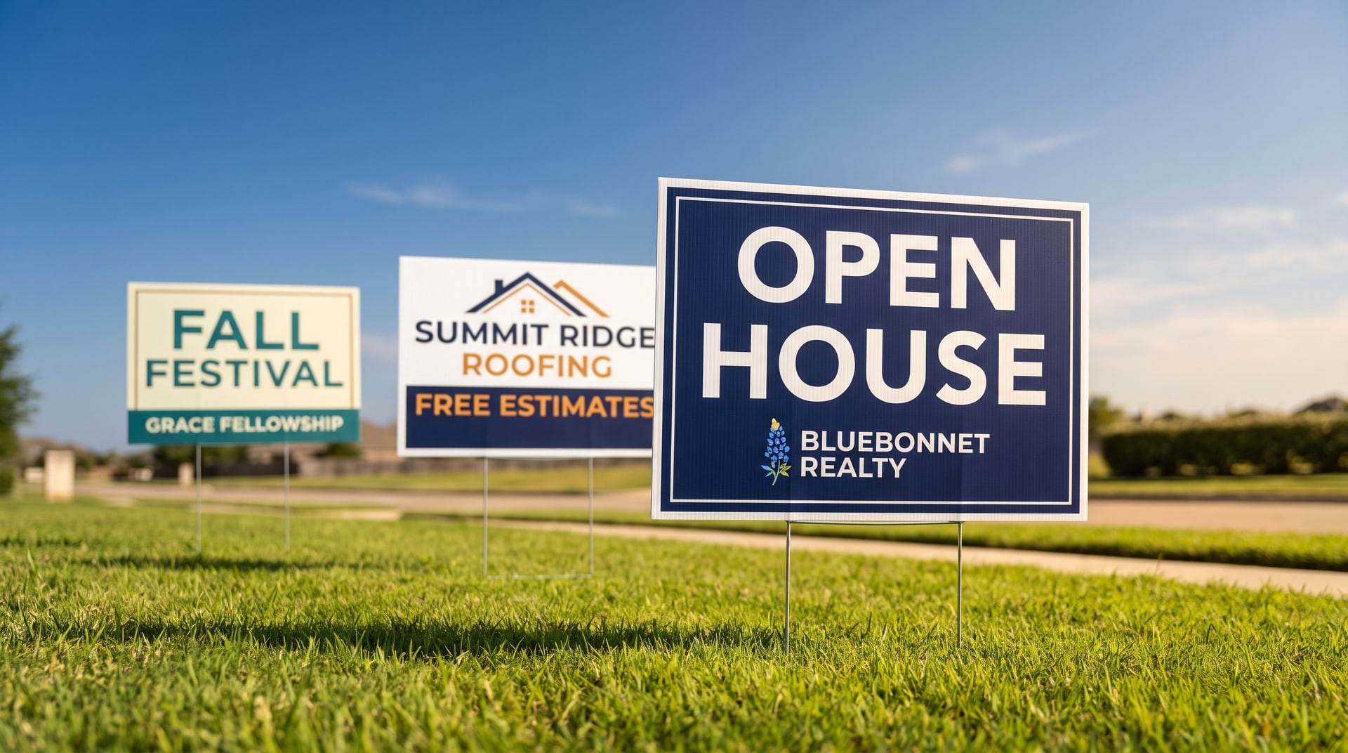 Three different coroplast yard signs on wire H-stakes staked in a sunny lawn: a Bluebonnet Realty open house sign up front, with Summit Ridge Roofing and Grace Fellowship fall festival signs behind it