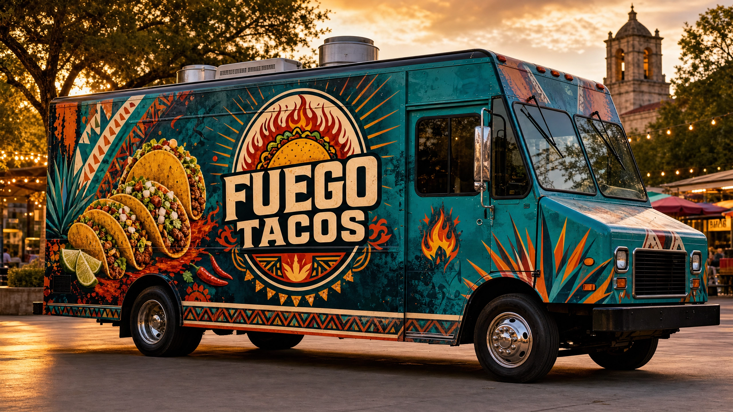 Fully wrapped food truck with vibrant branded graphics at dusk in San Antonio