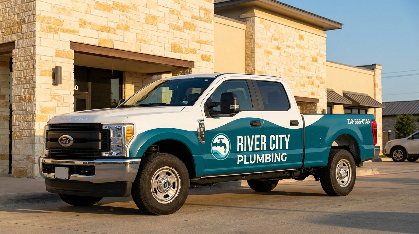 White work truck with a teal partial wrap on the lower panels in San Antonio